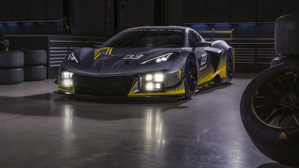 Front 7/8 view of 2024 Chevrolet Corvette Z06 GT3.R parked in a race car garage. Pre-production model shown. Actual production model may vary. Model year 2024 Corvette Z06 GT3.R will be available later this year.