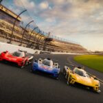 Three Cadillac V-LMDh Race Cars on Track, Daytona