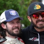 DOVER, DELAWARE - APRIL 29: Ryan Truex, driver of the #19 Toyota Genuine Accessories Toyota, (L) is congratulated by his brother, NASCAR Series Cup driver, Martin Truex Jr. in victory lane after winning the NASCAR Xfinity Series A-GAME 200 at Dover International Speedway on April 29, 2023 in Dover, Delaware