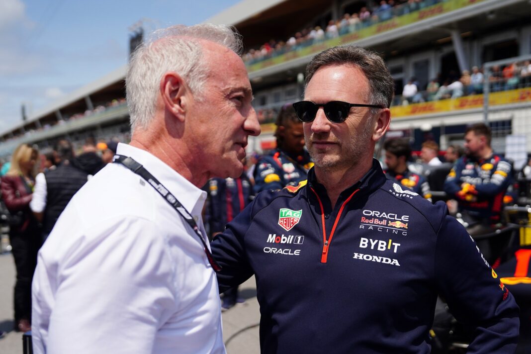F1, MONTREAL, QUEBEC - JUNE 18: Greg Maffei, CEO of Liberty Media talks with Red Bull Racing Team Principal Christian Horner on the grid during the F1 Grand Prix of Canada at Circuit Gilles Villeneuve on June 18, 2023 in Montreal, Quebec