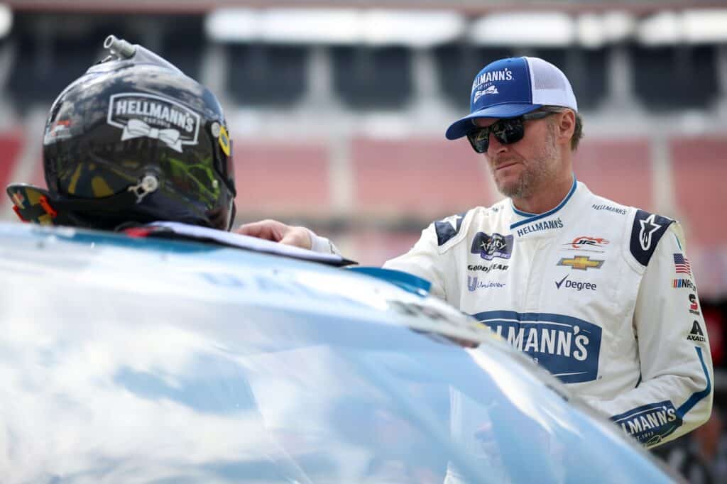 BRISTOL, TENNESSEE - SEPTEMBER 15: Dale Earnhardt Jr., driver of the #88 Hellmann's Chevrolet, prepares to practice for the NASCAR Xfinity Series Food City 300 at Bristol Motor Speedway on September 15, 2023 in Bristol, Tennessee